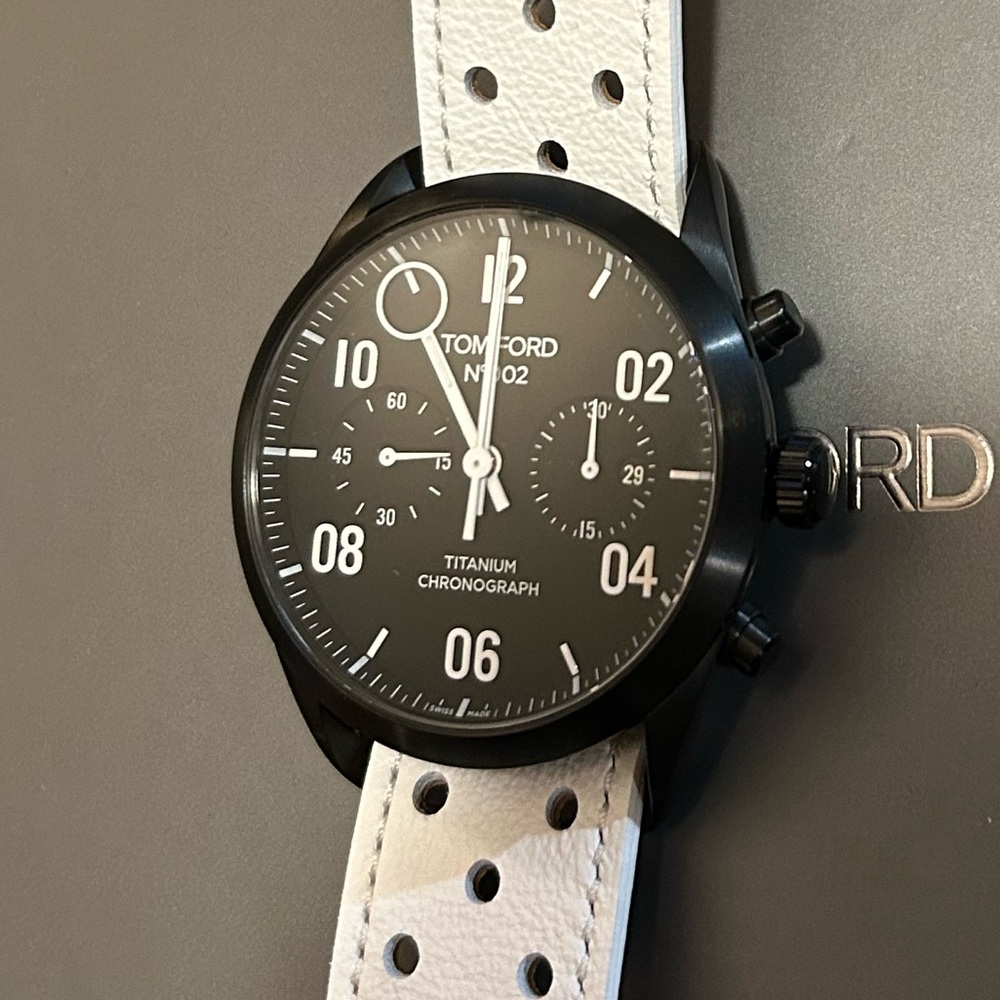 Tom Ford N002 Automatic Watch With 43mm Black Face & White Leather Band